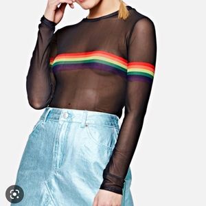 SHEIN Rainbow Sheer See-Through Mesh Long-Sleeved Black Shirt Women’s XS